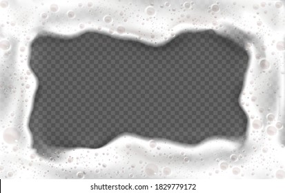 Foam frame, white beer or soap froth rectangular border with bubbles texture, foamy sea or ocean wave, laundry cleaning detergent spume isolated on transparent background, realistic 3d vector mockup
