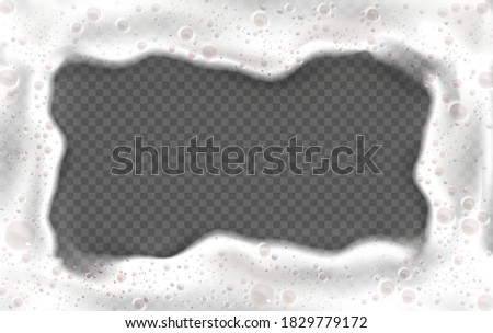 Foam frame, white beer or soap froth rectangular border with bubbles texture, foamy sea or ocean wave, laundry cleaning detergent spume isolated on transparent background, realistic 3d vector mockup