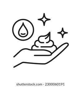 Foam and hand icon, liquid soap and hands washing or hygiene, line vector. Moisturizing cream, shaving gel or soap foam with water drop, face skin and hand care or body wash linear icon