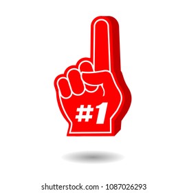 Foam Hand, Red Finger, Number One #1 Fan Glove, Sport Concept Supporting Sign, Isolated On White Background, Hand Drawn Vector 3D Illustration