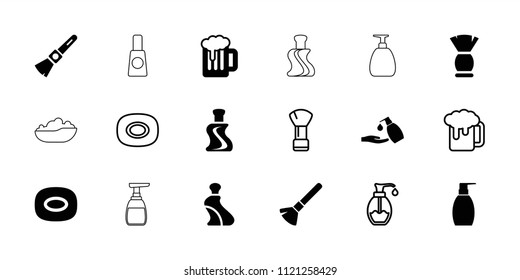 Foam icon. collection of 18 foam filled and outline icons such as shaving brush, cream tube, soap, bottle soap, liquid soap, beer. editable foam icons for web and mobile.