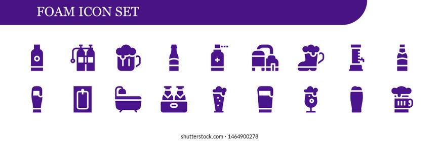 foam icon set. 18 filled foam icons.  Collection Of - Shampoo, Oxygen, Beer, Antiseptic, Bath