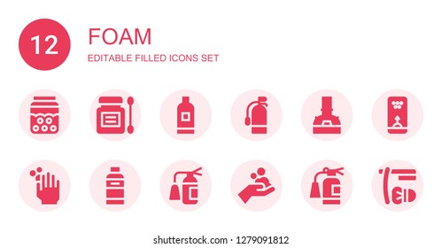foam icon set. Collection of 12 filled foam icons included Bubble, Antiseptic, Shampoo, Extinguisher, Brewery, WASHING HANDS, Shave