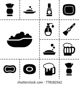 Foam icons. set of 13 editable filled foam icons such as soap, brush, beer mug, baby bath, shaving brush