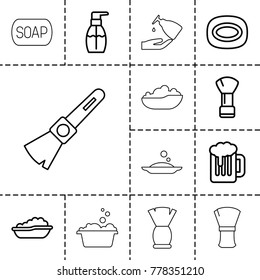 Foam icons. set of 13 editable outline foam icons such as baby bath, shaving brush, soap, bottle soap, beer, brush