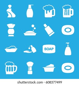 Foam icons set. set of 16 foam filled icons such as baby bath, soap, shaving brush, cream tube, brush, Soap, laundry, beer mug