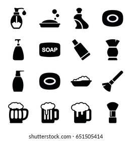 Foam icons set. set of 16 foam filled icons such as baby bath, soap, shaving brush, cream tube, brush, soap, bottle soap, beer mug