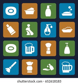 Foam icons set. set of 16 foam filled icons such as baby bath, soap, shaving brush, cream tube, brush, laundry, bottle soap, liquid soap, beer mug