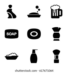 Foam icons set. set of 9 foam filled icons such as baby bath, soap, shaving brush, cream tube, brush, Soap, bottle soap
