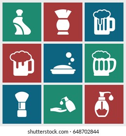 Foam icons set. set of 9 foam filled icons such as shaving brush, cream tube, brush, soap, liquid soap, beer mug