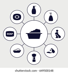 Foam icons set. set of 9 foam filled icons such as baby bath, soap, shaving brush, cream tube, soap