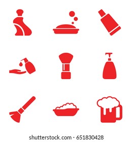Foam icons set. set of 9 foam filled icons such as baby bath, shaving brush, soap, cream tube, liquid soap