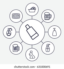 Foam icons set. set of 9 foam outline icons such as soap, cream tube, soap, laundry, bottle soap, beer mug