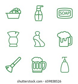 Foam icons set. set of 9 foam outline icons such as shaving brush, soap, cream tube, brush, soap, laundry, bottle soap