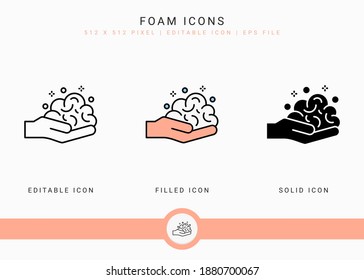 Foam icons set vector illustration with solid icon line style. Bubble soap effervescent concept. Editable stroke icon on isolated background for web design, infographic and UI mobile app.