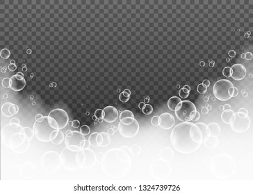 Foam isolated on transparent background. Soap or shampoo bubbles realistic texture. Vector suds effect.