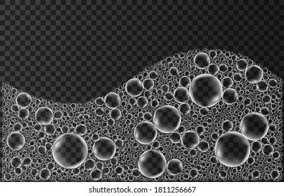 Foam isolated on transparent background. White soap or shampoo bubbles realistic texture. Vector suds effect.