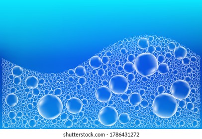 Foam isolated on transparent blue background. White soap or shampoo bubbles realistic texture. Vector suds effect.