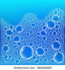 Foam isolated on transparent blue background. White soap or shampoo bubbles realistic texture. Vector suds effect.