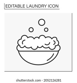  Foam line icon. Hand washing clothing. Tub with foam and water. Laundry service concept. Isolated vector illustration.Editable stroke