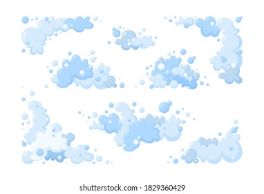 Foam made of soap or clouds. Big set of light blue foam and bubbles of different shapes. Cloudy frame and corner. Vector illustration in cartoon style