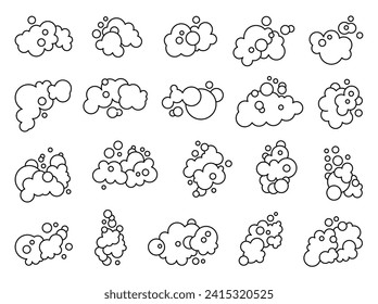 Espuma hecha de jabón o nubes. Colorante de página. Burbujas de diferentes formas. Estilo dibujado a mano. Dibujo de vectores. Colección de elementos de diseño.