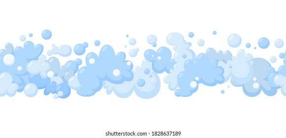 Foam made of soap or clouds. Horizontal seamless pattern in white background. Light blue foam and bubbles for cleaning. Vector illustration in cartoon style