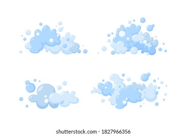 Foam made of soap or clouds isolated in white background. Set of light blue foam and bubbles. Vector illustration in cartoon style