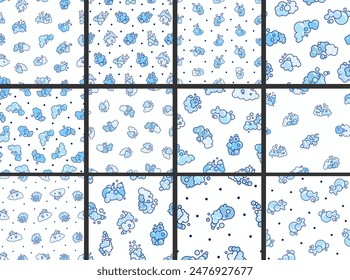 Espuma hecha de jabón o nubes. Patrón sin costuras. Burbujas de diferentes Formas. Estilo dibujado a mano. Dibujo de Vector. Colección de adornos de diseño.