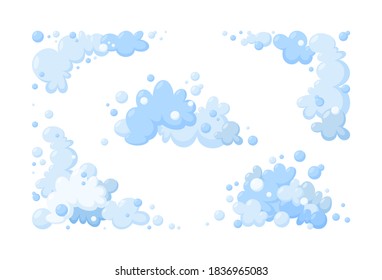 Foam made of soap or clouds. Set of light blue foam and bubbles of different shapes. Cloudy frame and corner. Vector illustration in cartoon style