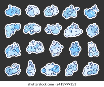 Foam made of soap or clouds. Sticker Bookmark. Bubbles of different shapes. Hand drawn style. Vector drawing. Collection of design elements.