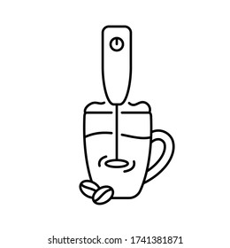 Foam maker whips milk froth for coffee drink. Handheld electric frother, glass cup, beans. Making cappuccino, latte or dalgona. Linear illustration of portable kitchen mixer. Contour isolated vector