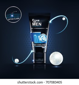 Foam For Men Bottle Products Serum Collagen And Vitamin Background For Skin Care Cosmetics Vector Concept.