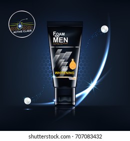 Foam For Men Bottle Products Serum Collagen And Vitamin Background For Skin Care Cosmetics Vector Concept.