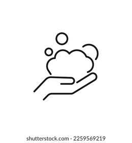 Foam in Outstretched Hand Isolated Line Icon. Editable stroke. Vector sign for adverts, stores, shops, articles, UI, apps, sites. Minimalistic sign drawn with black line