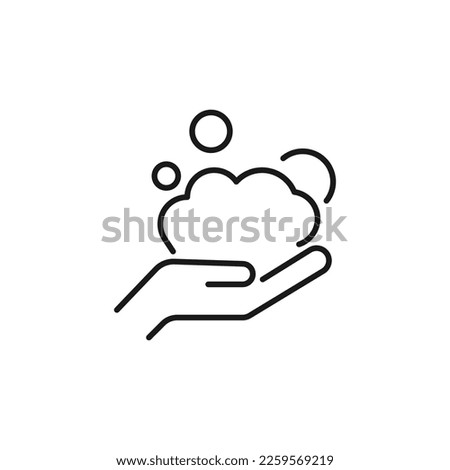 Foam in Outstretched Hand Isolated Line Icon. Editable stroke. Vector sign for adverts, stores, shops, articles, UI, apps, sites. Minimalistic sign drawn with black line