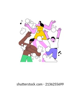 Foam party abstract concept vector illustration. Dancing in bubles and suds, foam party entertainment, wet t-shirts, swimming suits, dance floor, festival in aquapark, open air abstract metaphor.
