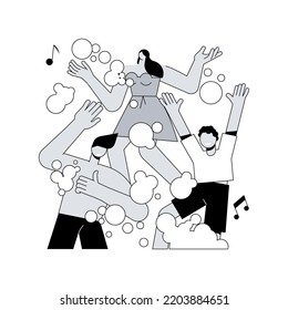 Foam party abstract concept vector illustration. Dancing in bubles and suds, foam party entertainment, wet t-shirts, swimming suits, dance floor, festival in aquapark, open air abstract metaphor.