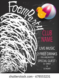 Foam party background with chalk lettering, blackboard  and inflatable toys. Vector illustration