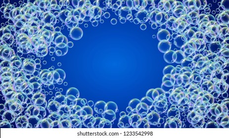 Foam party background with shampoo and soap suds bubbles. Trendy spray and splash. Realistic water frame and border. 3d vector illustration poster. Blue colorful liquid foam party.
