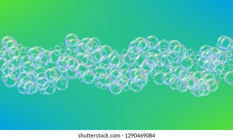 Foam party background with shampoo and soap suds bubbles. 3d vector illustration template. Minimal spray and splash. Realistic water frame and border. Green colorful liquid foam party.