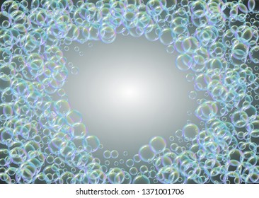 Foam party background with shampoo and soap suds bubbles. Bright spray and splash. Realistic water frame and border. 3d vector illustration concept. Grey colorful liquid foam party.