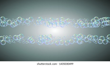 Foam party background with shampoo and soap suds bubbles. Vibrant spray and splash. Realistic water frame and border. 3d vector illustration concept. Grey colorful liquid foam party.