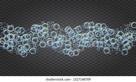 Foam party background with shampoo and soap suds bubbles. 3d vector illustration concept. Trendy spray and splash. Realistic water frame and border. Isolated colorful liquid foam party.