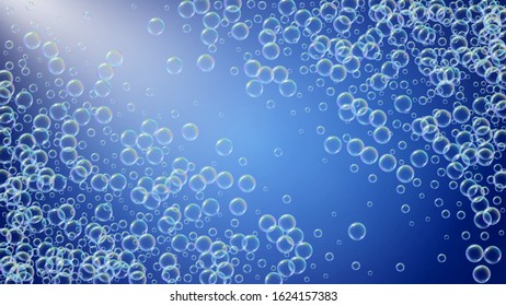 Foam party background with shampoo and soap suds bubbles. Vibrant spray and splash. Realistic water frame and border. 3d vector illustration poster. Blue colorful liquid foam party.