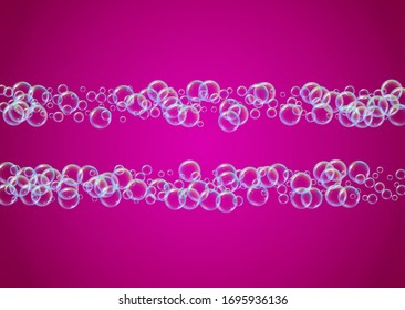 Foam party background with shampoo and soap suds bubbles. 3d vector illustration flyer. Bright spray and splash. Realistic water frame and border. Purple colorful liquid foam party.