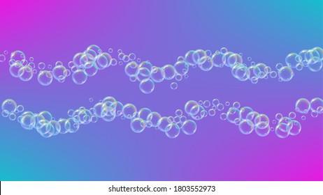 Foam party background with shampoo and soap suds bubbles. 3d vector illustration design. Multicolor spray and splash. Realistic water frame and border. Purple colorful liquid foam party.