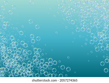 Foam party background with shampoo and soap suds bubbles. Stylish spray and splash. Realistic water frame and border. 3d vector illustration concept. Blue colorful liquid foam party.