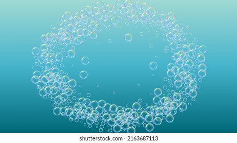 Foam party background with shampoo and soap suds bubbles. Multicolor spray and splash. Realistic water frame and border. 3d vector illustration concept. Blue colorful liquid foam party.