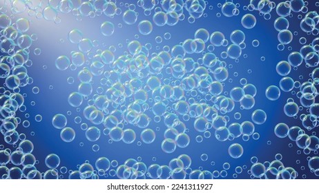 Schaumpartyhintergrund mit Shampoo und Seifenblasen. 3D-Vektorgrafik-Poster. Helles Spray und Spritzen. Realistischer Wasserrahmen und Rahmen. Blaue bunter Schaumstoffparty.